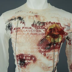 JEAN PAUL GAULTIER Size L White & Burgundy Eye Mesh Patch Mesh Pullover