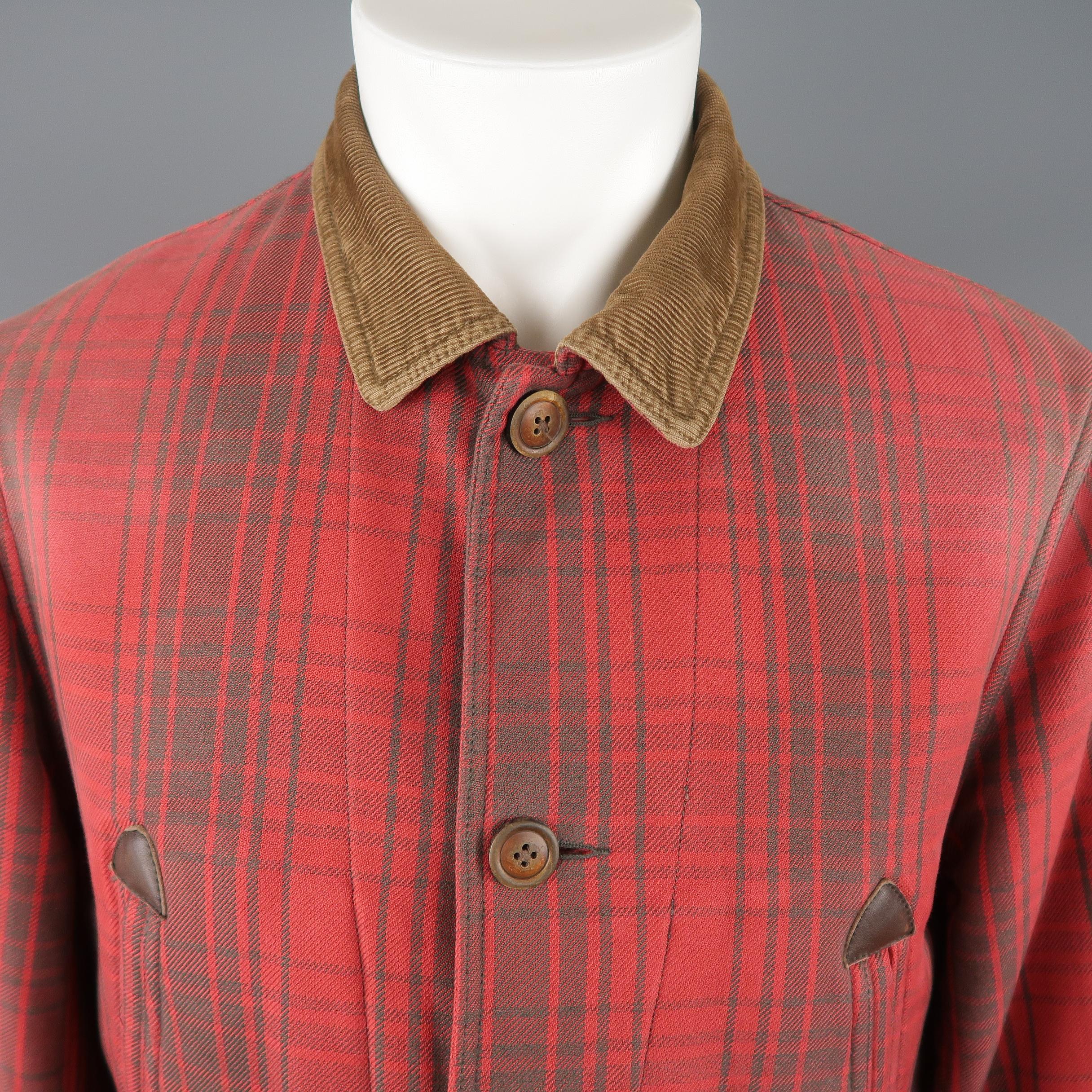 RRL by RALPH LAUREN chore jacket comes in red and brown washed effect plaid cotton twill with a button up closure, double slanted, leather detailed pockets, patch flap pockets, and brown corduroy pointed collar.
 
Excellent Pre-Owned