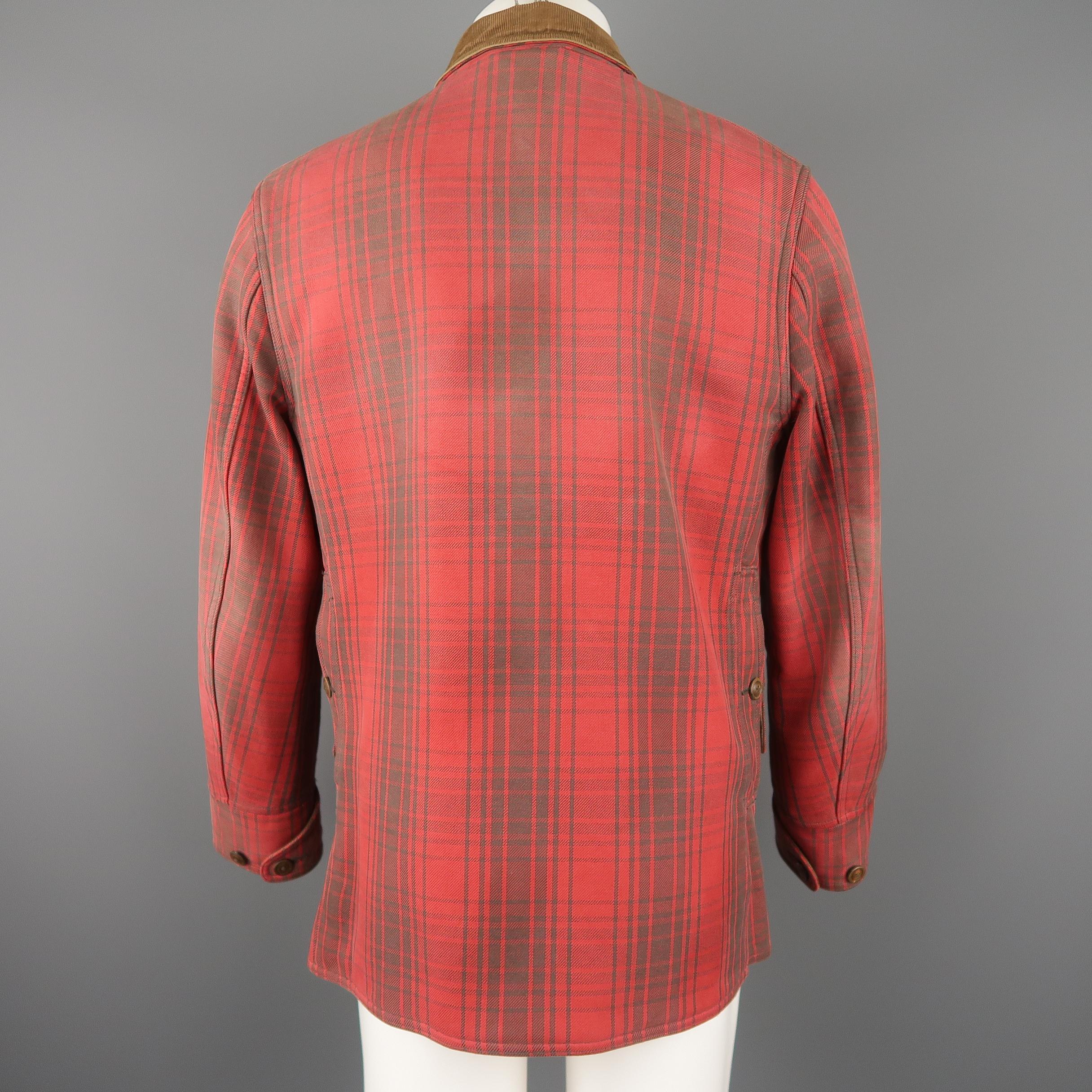 Men's RRL by RALPH LAUREN M Washed Red & Brown Plaid Cotton Corduroy Chore Jacket