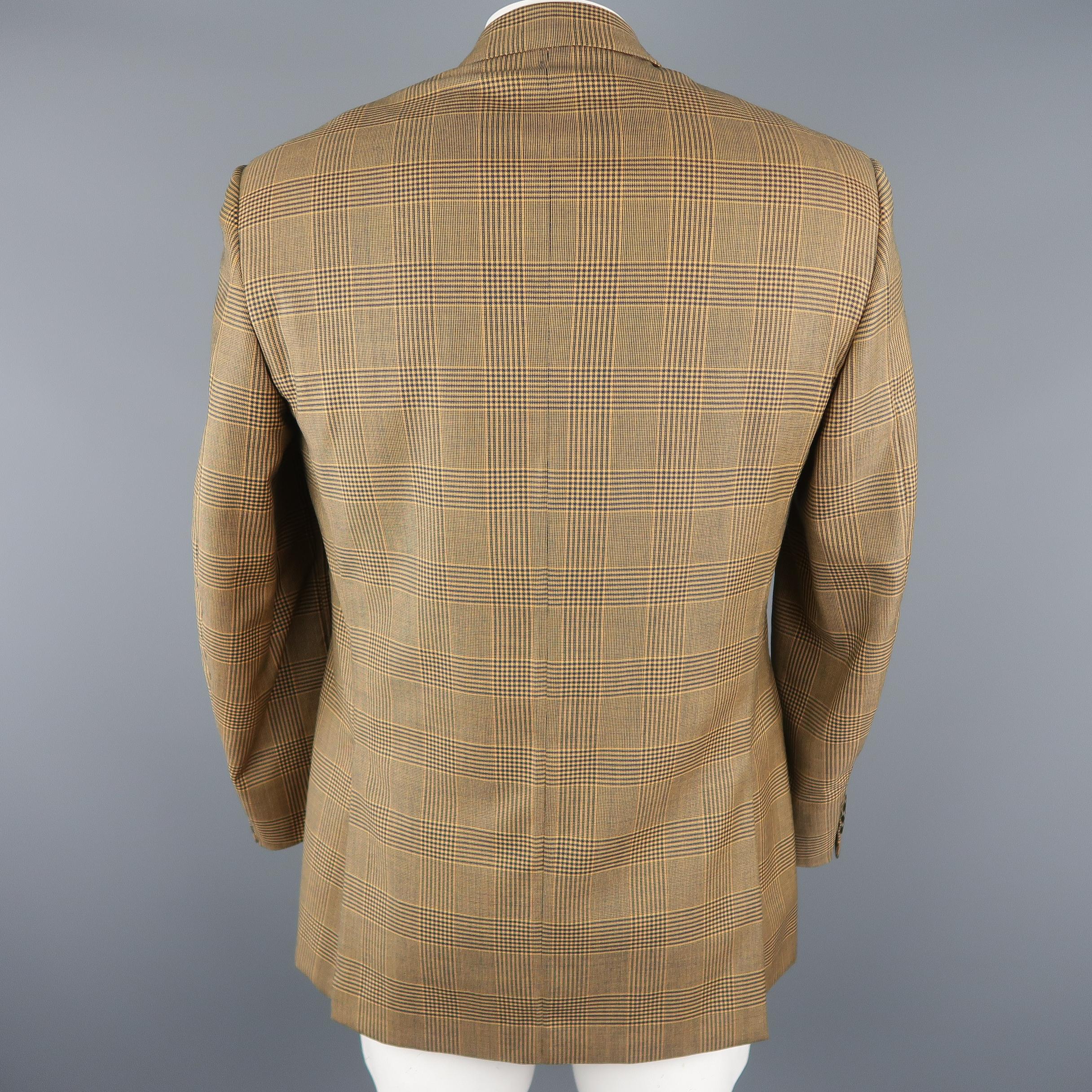 Brown BRIONI 40 Regular Gold & Navy Plaid Wool Sport Coat
