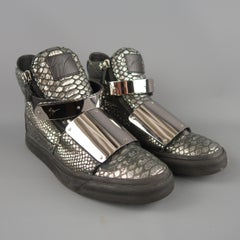 GIUSEPPE ZANOTTI Size 10 Silver Snake Print Metal Plate FARAONE Sneakers