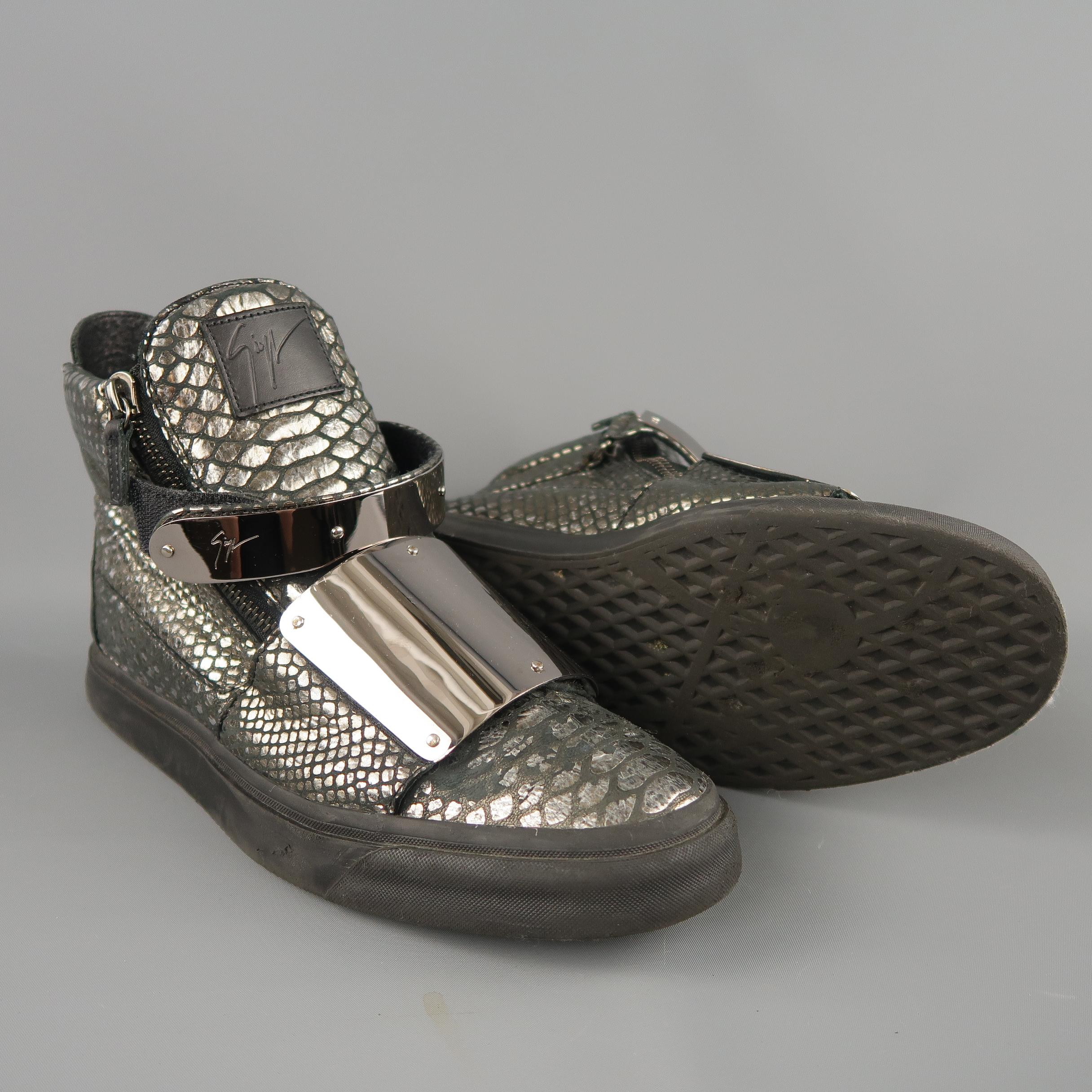 Black GIUSEPPE ZANOTTI Size 10 Silver Snake Print Metal Plate FARAONE Sneakers