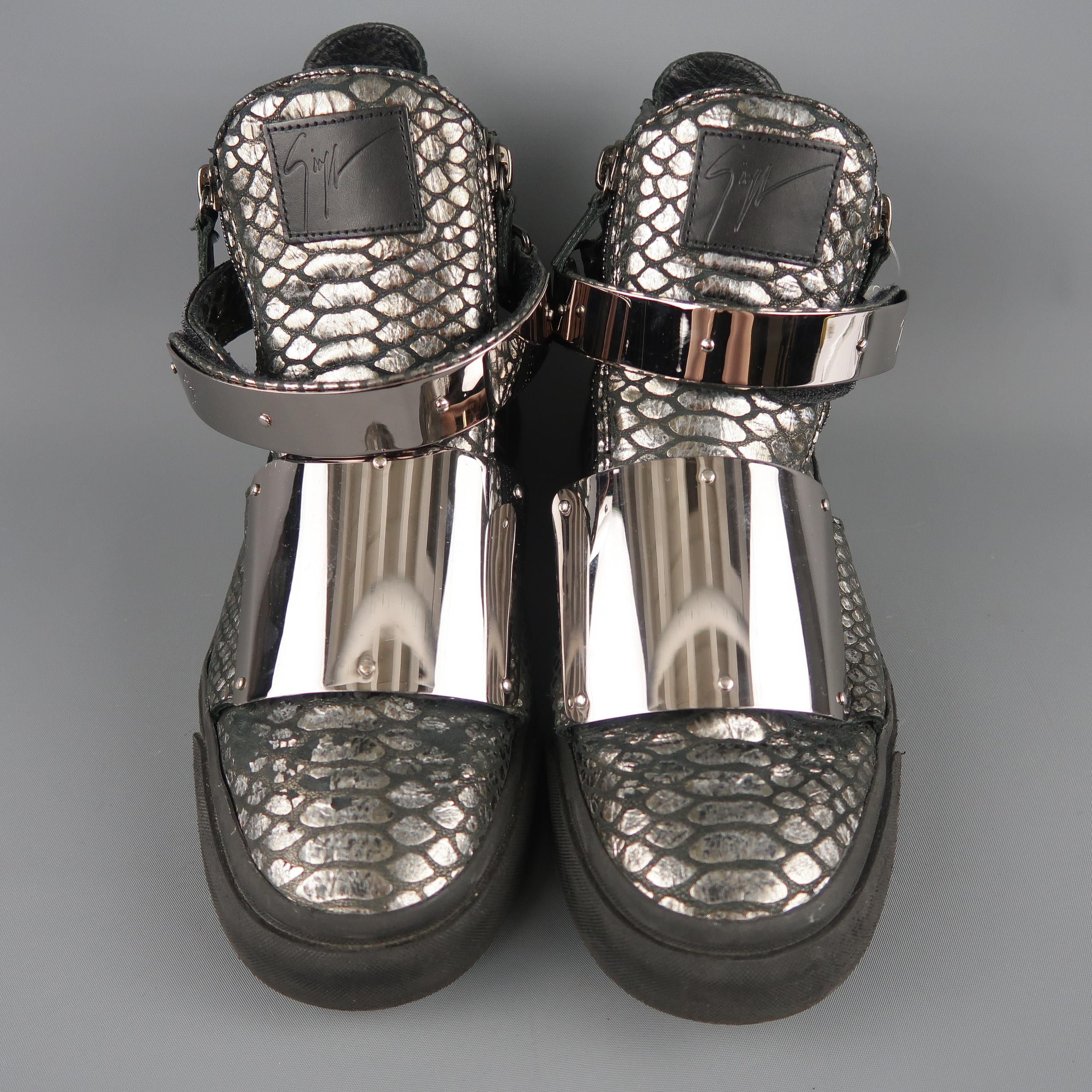 GIUSEPPE ZANOTTI Size 10 Silver Snake Print Metal Plate FARAONE Sneakers In Excellent Condition In San Francisco, CA