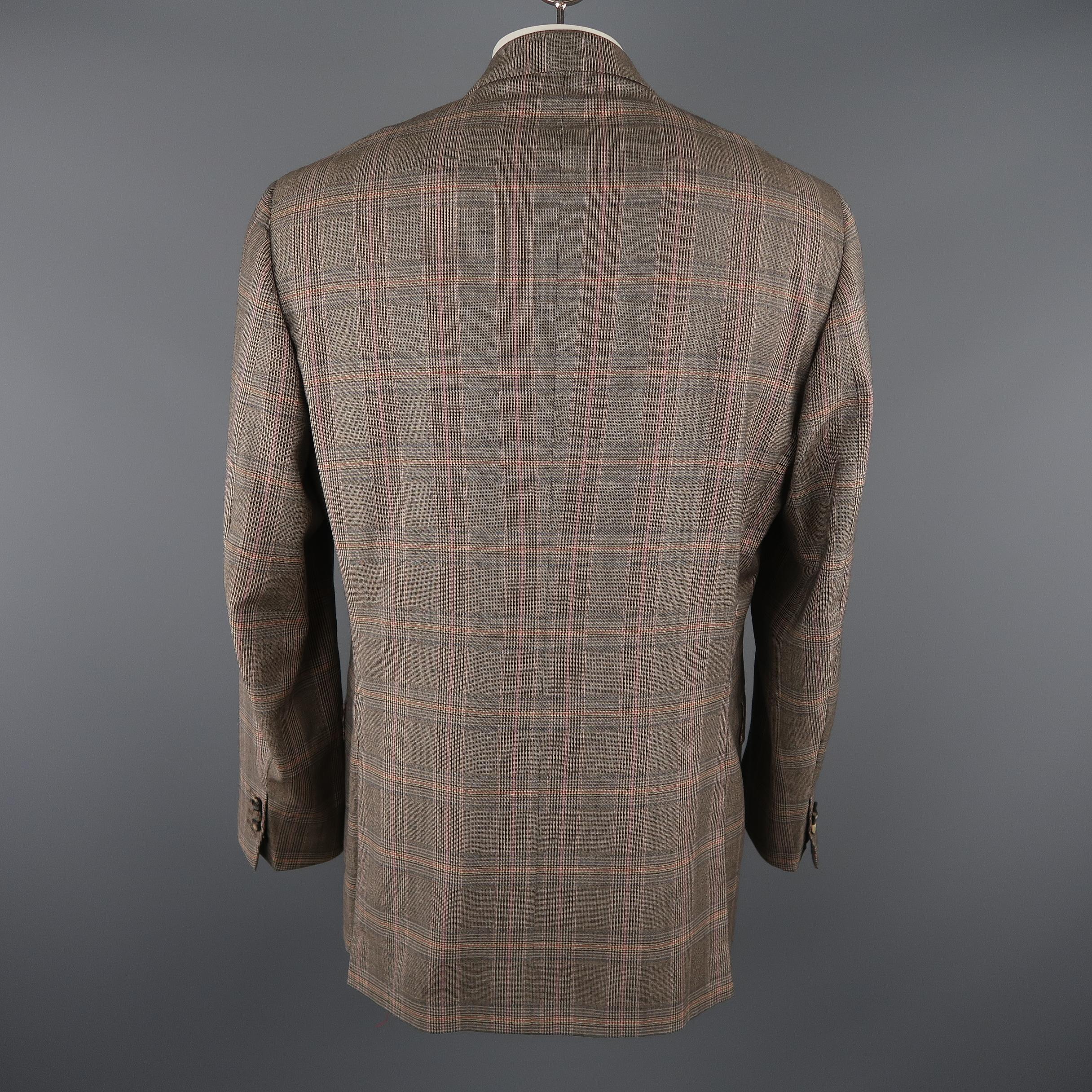 Gray ISAIA 46 Long Brown Plaid Wool Sport Coat