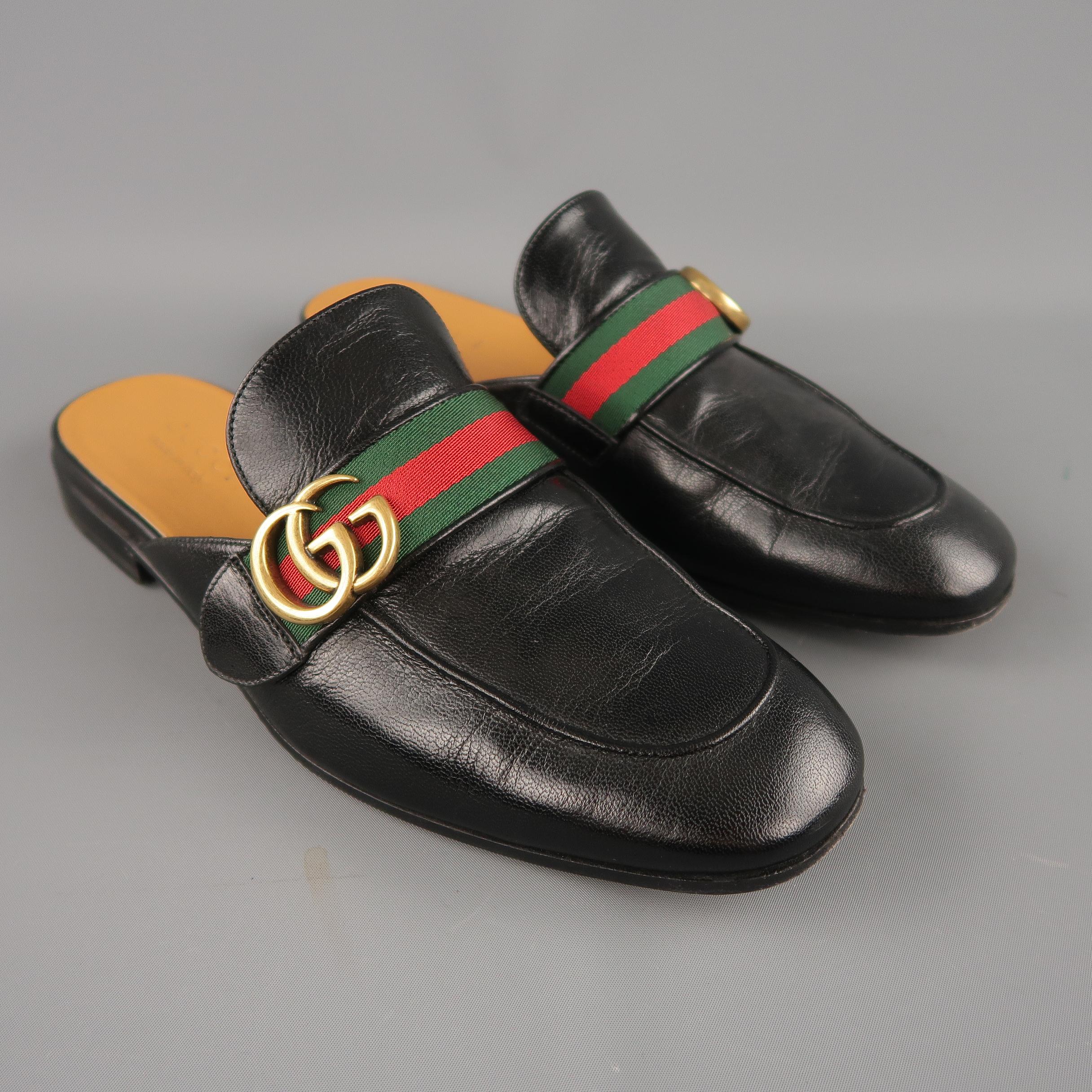 GUCCI Size 9.5 Black Striped Trim Princetown Double Gold G Loafers In Excellent Condition In San Francisco, CA