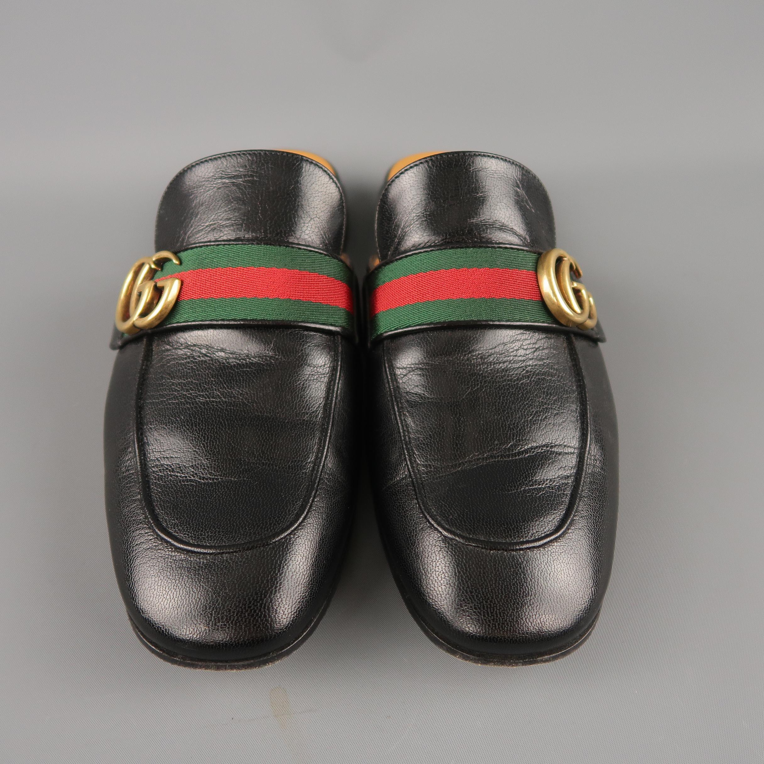 GUCCI Size 9.5 Black Striped Trim Princetown Double Gold G Loafers 1