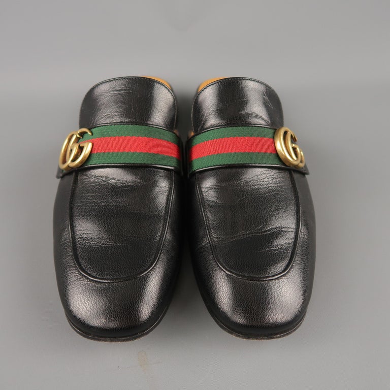 GUCCI Size 9.5 Black Striped Trim Princetown Double Gold G Loafers at