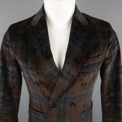 ANTONIO MARRAS 34 Short Double Breasted Black & Brown Plaid Velvet Sport Coat