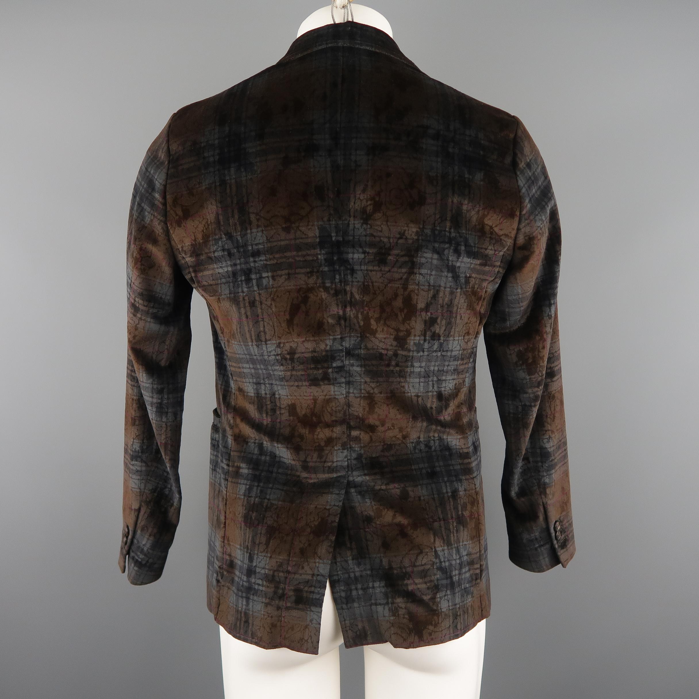 ANTONIO MARRAS 34 Short Double Breasted Black & Brown Plaid Velvet Sport Coat 2