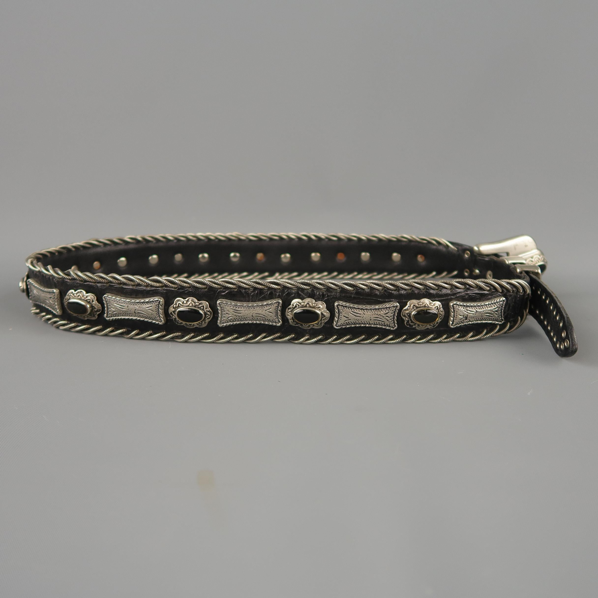 Vintage NAANI 34 Black Leather Silver Meatal Studded Western Belt In Good Condition In San Francisco, CA