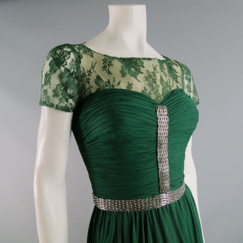 Emerald elegance- Silk evening gown by REEM ACRA SS 2012 collection.  Multi layered silk pieces in skirt for beautiful movement.  Sheer lace at neck and short sleeve- hook and eye closure at back with rounded cutout in lace for an attractive partial