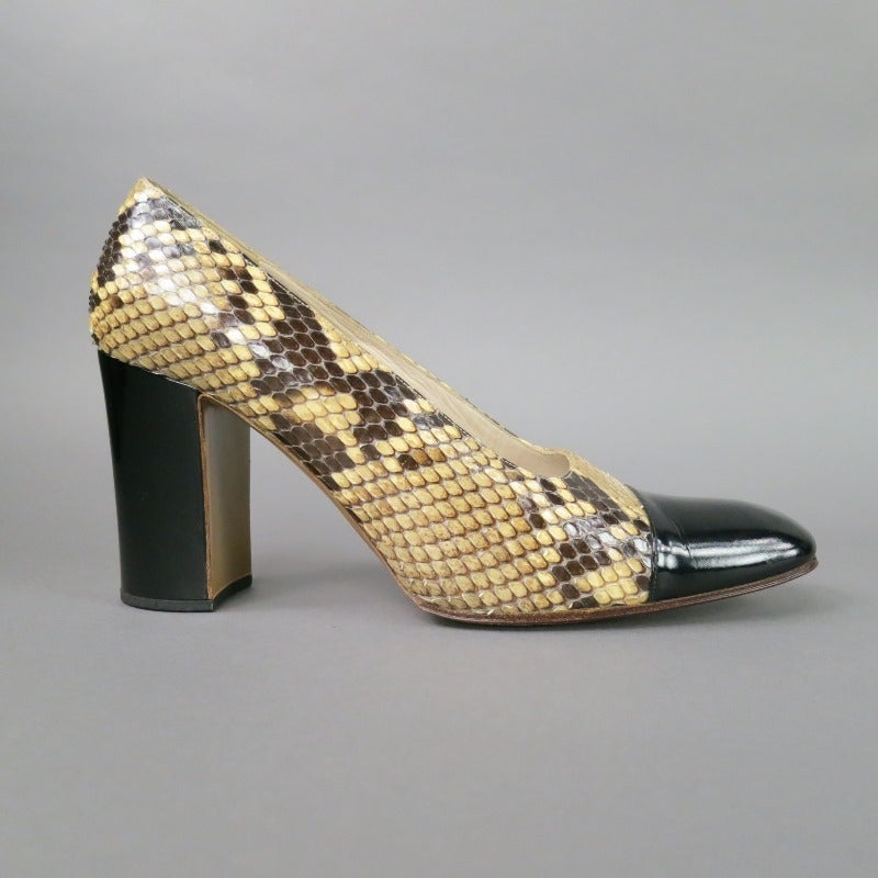Classic CHANEL Size 10 Cap Toe Snake-Skin Stacked Heel Pumps In Excellent Condition In San Francisco, CA