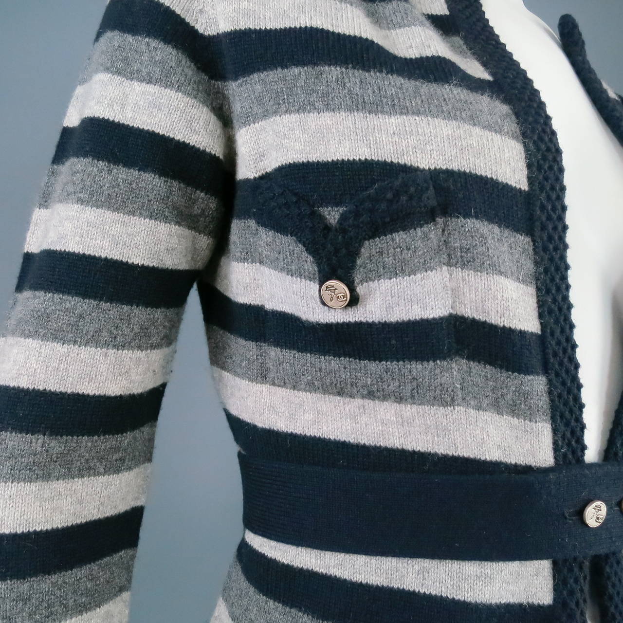 Women's CHANEL Size 6 Navy /grey Cashmere Stripe Cardigan
