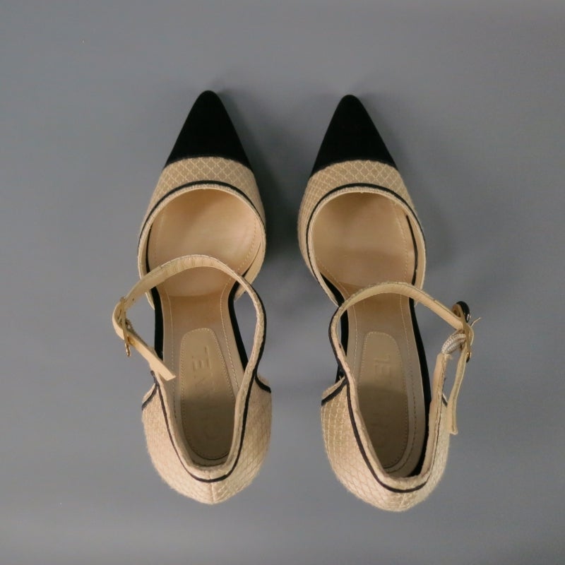 CHANEL Size 10 Beige Black Silk Ankle-Strap Pointed Pumps In Excellent Condition In San Francisco, CA