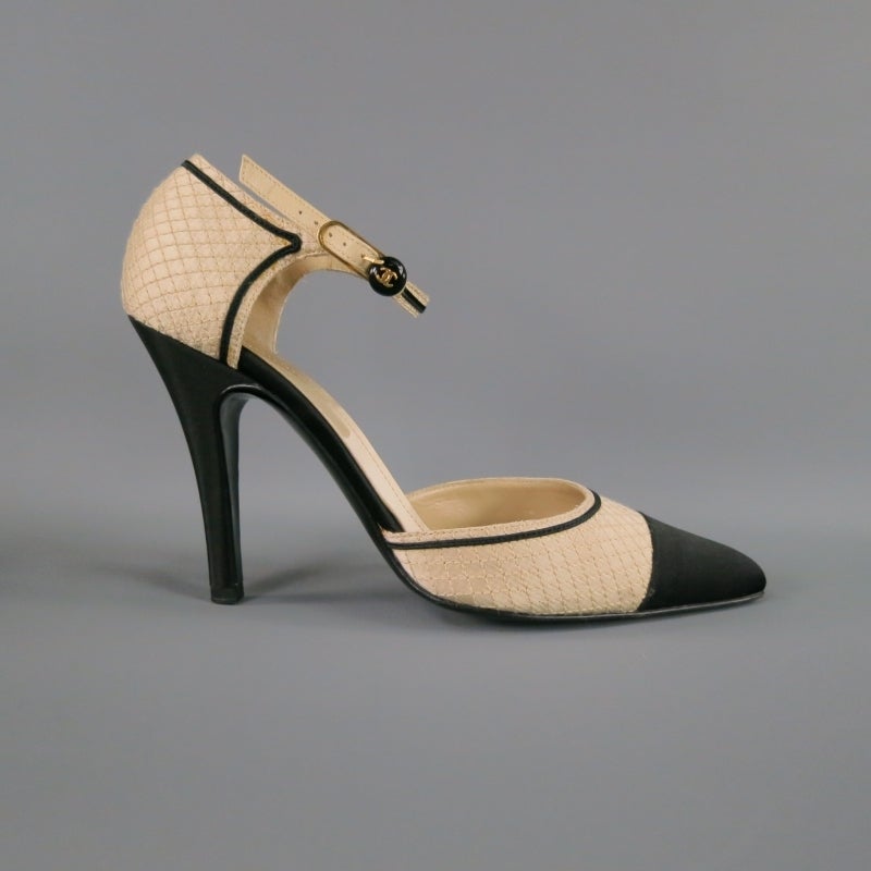 Women's CHANEL Size 10 Beige Black Silk Ankle-Strap Pointed Pumps