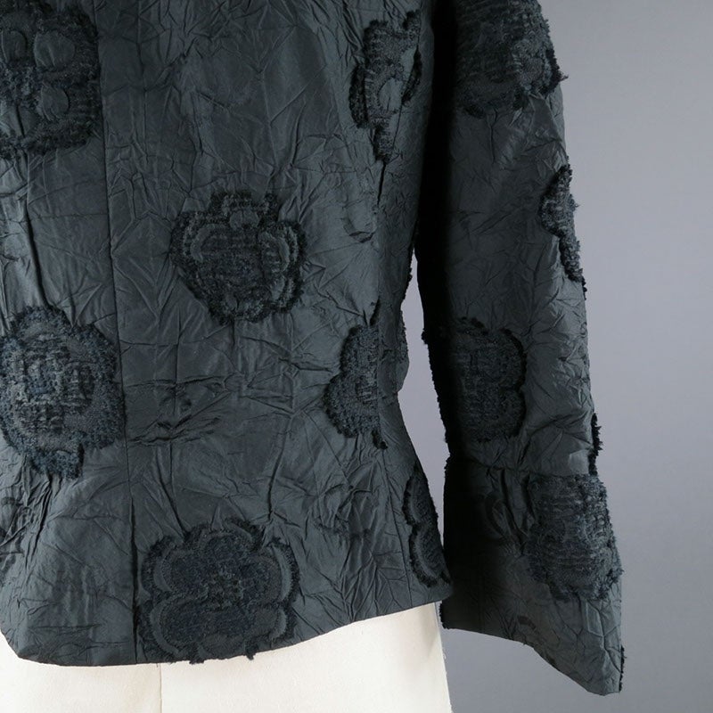 2006s CHANEL Size 6 Black Silk Blend Floral Shall Collar Jacket 1