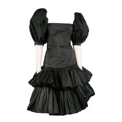 1980's OSCAR DE LA RENTA Size 8 Black Silk Pleated Ruffled Cocktail Dress