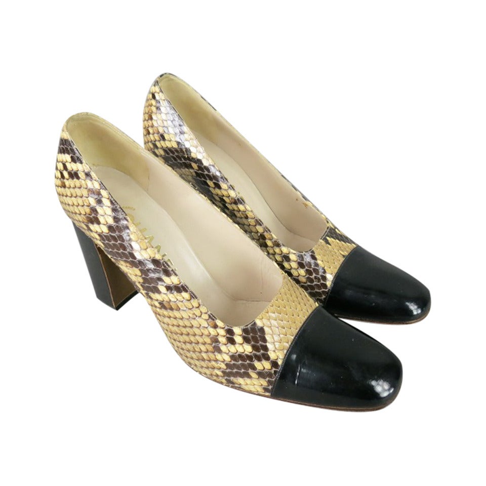 Classic CHANEL Size 10 Cap Toe Snake-Skin Stacked Heel Pumps