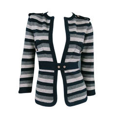 CHANEL Size 6 Navy /grey Cashmere Stripe Cardigan