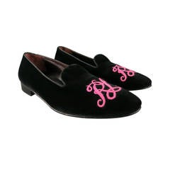 RALPH LAUREN Size 11 Black Velvet Loafers w/ Contrasting Pink Embroidery Detail