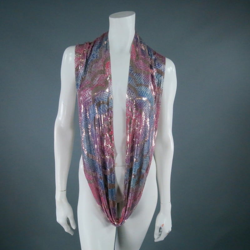 Fabulous vintage chain mail scarf top by DOUGLAS FERGUSON. A sexy and iconic piece from the archives that drapes over the bust for a provocative fantasy look, hand painted in pink, blue, and purple marble gradient. Truly one of a kind.

Excellent