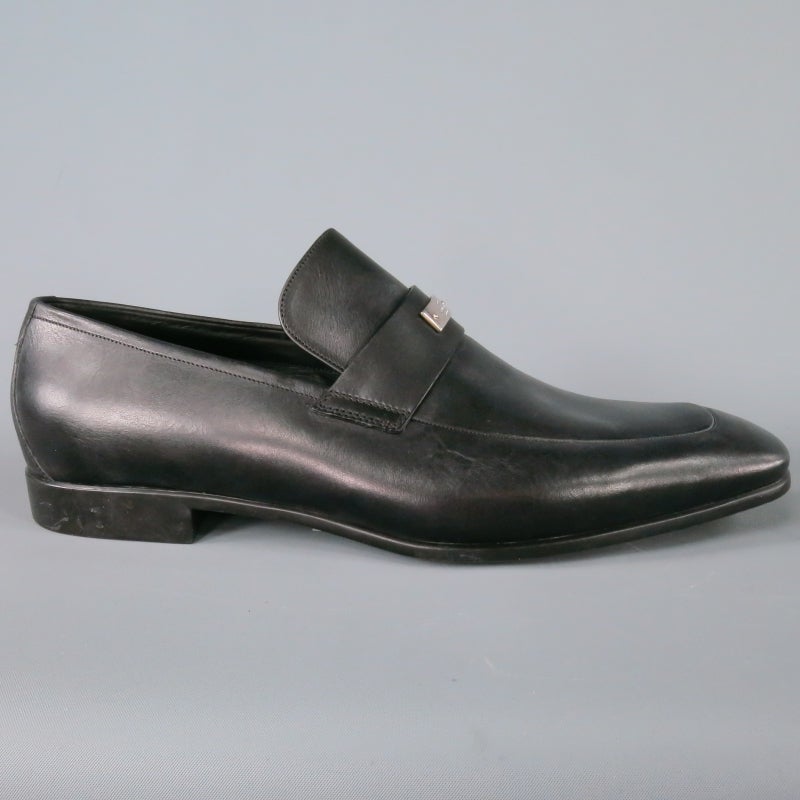 Gucci Men's Leather Black SlipOn Loafers with Metal Logo Details For