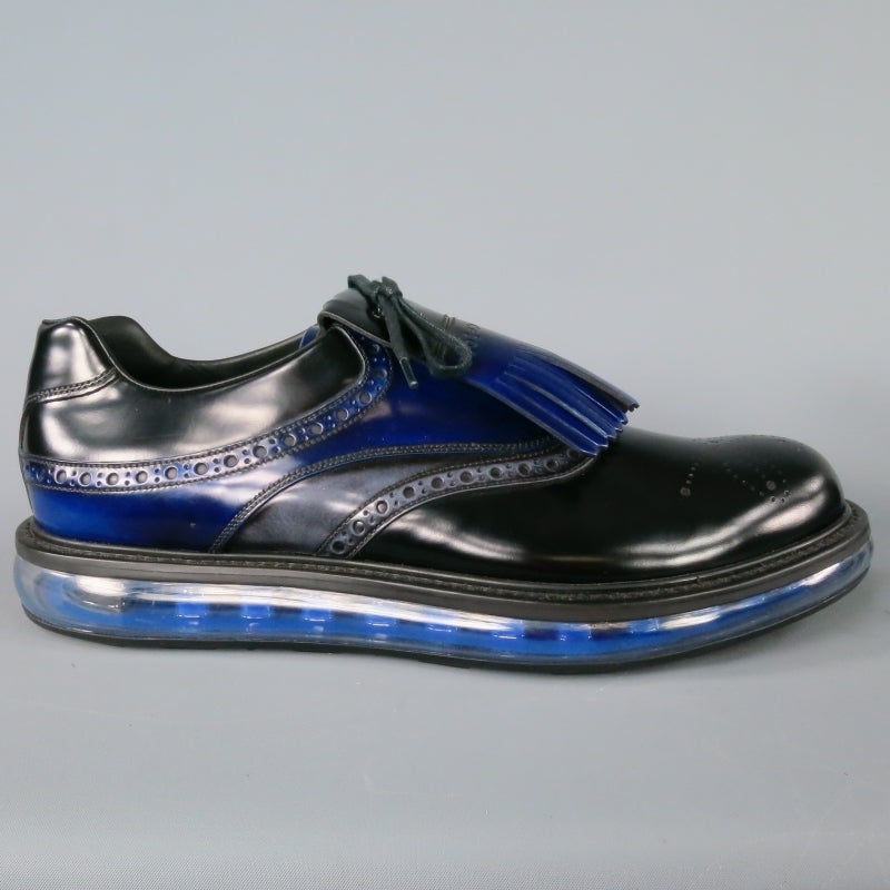 PRADA Size 13 Leather Black Lace Ups w/ Atomic Blue Fringe and Air Bubble Sole