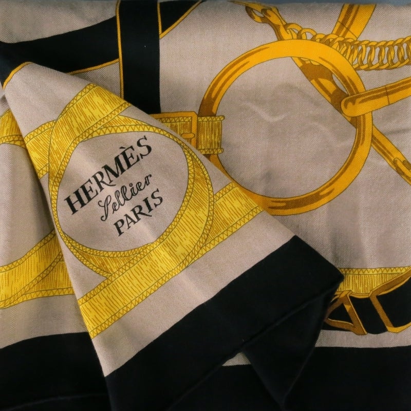 HERMES -Eperon d'Or- Black & Gold Cashmere / Silk Shawl/scarf In Excellent Condition In San Francisco, CA