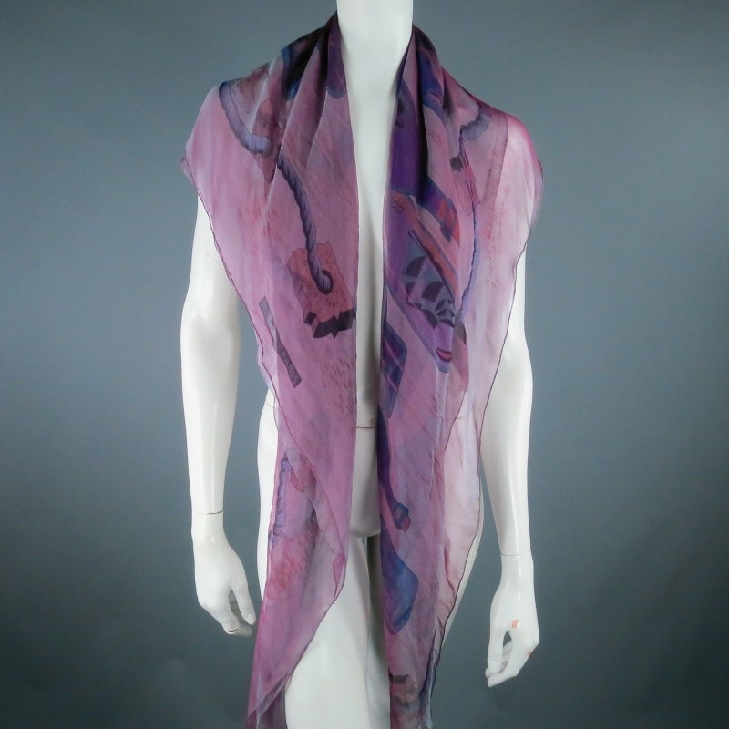 HERMES  -Bouteilles a la Mer- Purple Sheer Silk Shawl / Scarf
