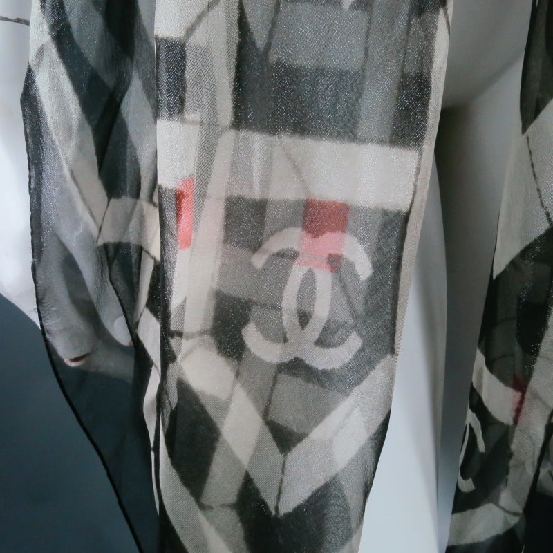 CHANEL Metallic Black & White Gothic Print Sheer Silk Scarf 1