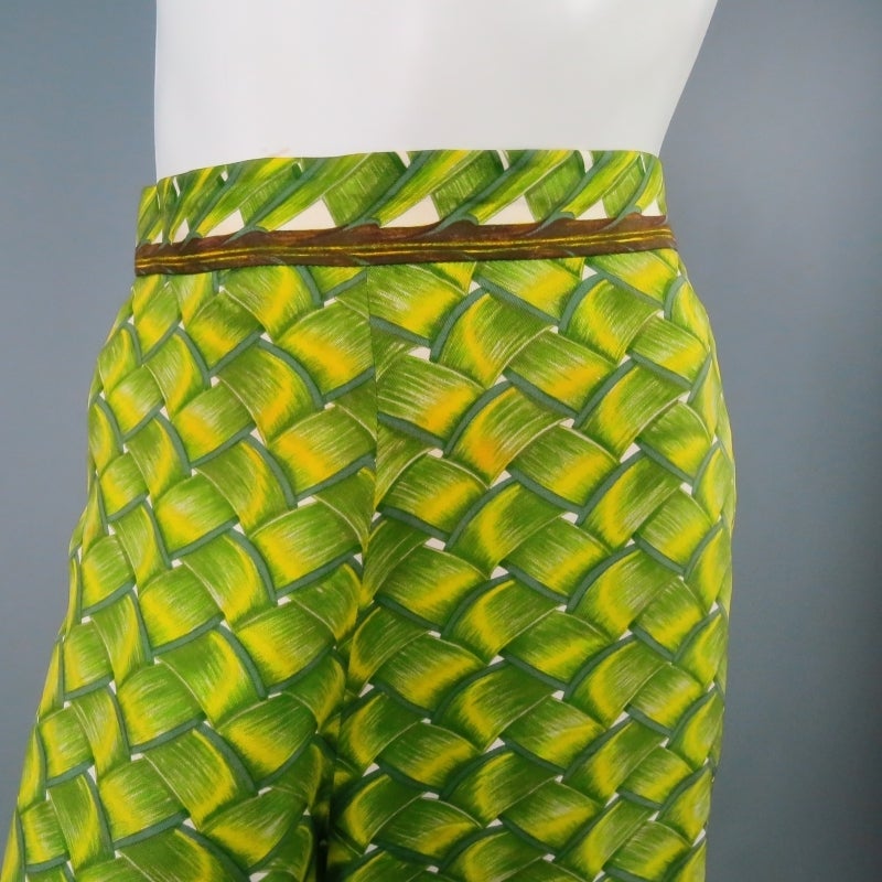 Vintage HERMES Size 8 Tropical Basket Weave Print Silk Dress Pants In Excellent Condition In San Francisco, CA