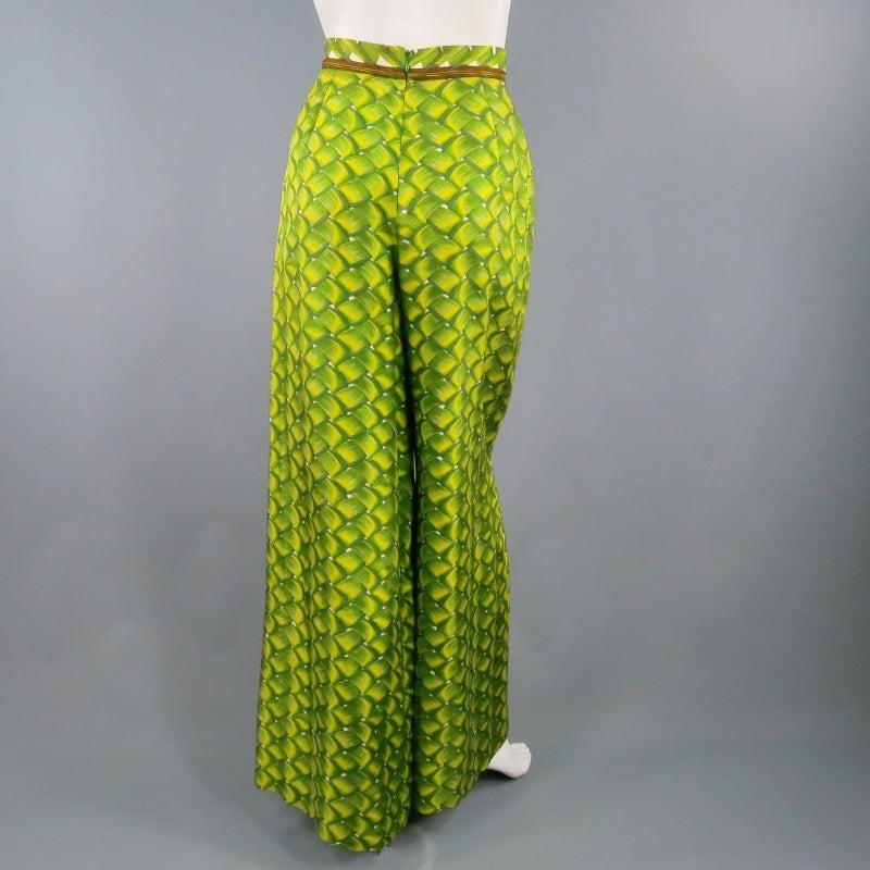 Vintage HERMES Size 8 Tropical Basket Weave Print Silk Dress Pants 2