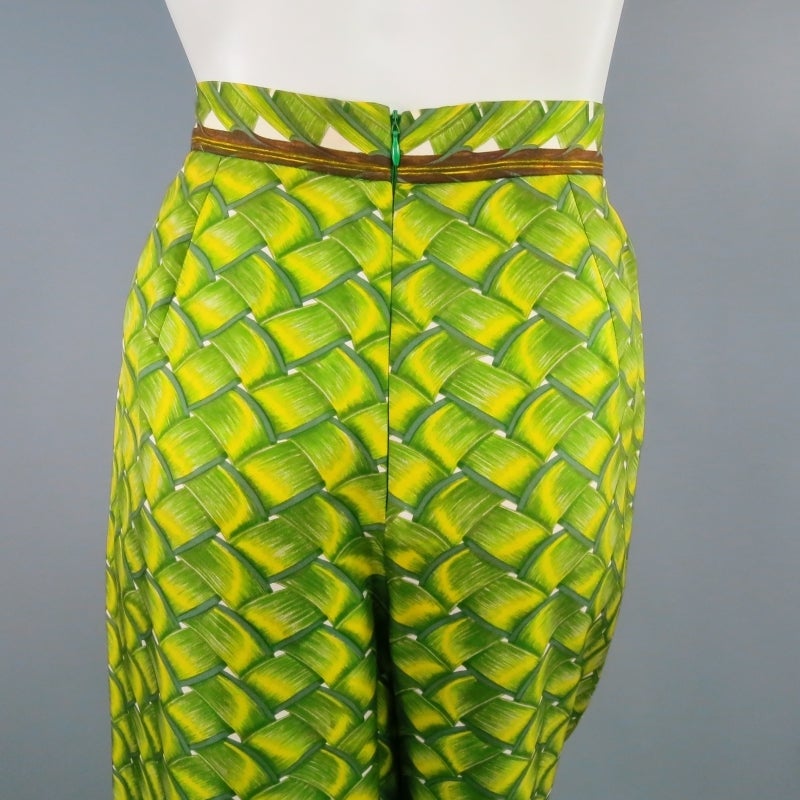 Vintage HERMES Size 8 Tropical Basket Weave Print Silk Dress Pants 3