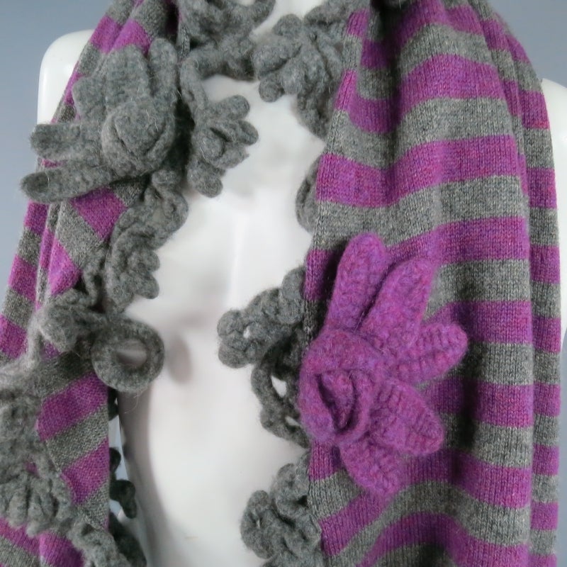 CHANEL Gray/Purple Knit Flower Fringe Cashmere Shawl/Scarf 1