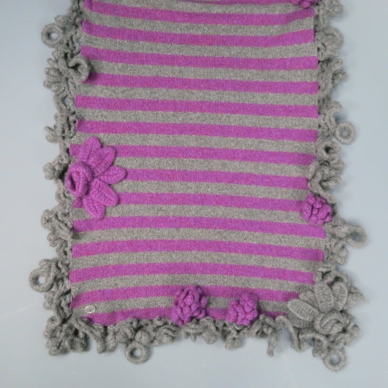 CHANEL Gray/Purple Knit Flower Fringe Cashmere Shawl/Scarf