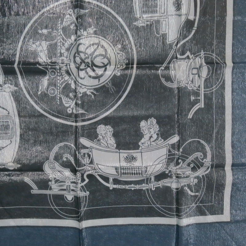 HERMES -Ex-Libris- Black & Silver Horse Drawn Carriage Print Silk Scarf In Excellent Condition In San Francisco, CA