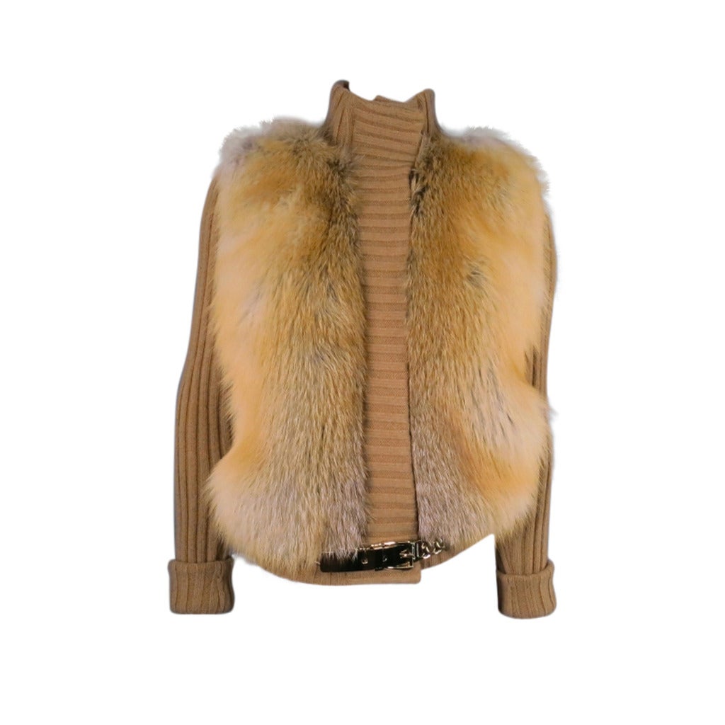 GUCCI Size M Tan Camel Hair Knit Sweater Jacket With Fox Fur