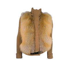 GUCCI Size M Tan Camel Hair Knit Sweater Jacket With Fox Fur