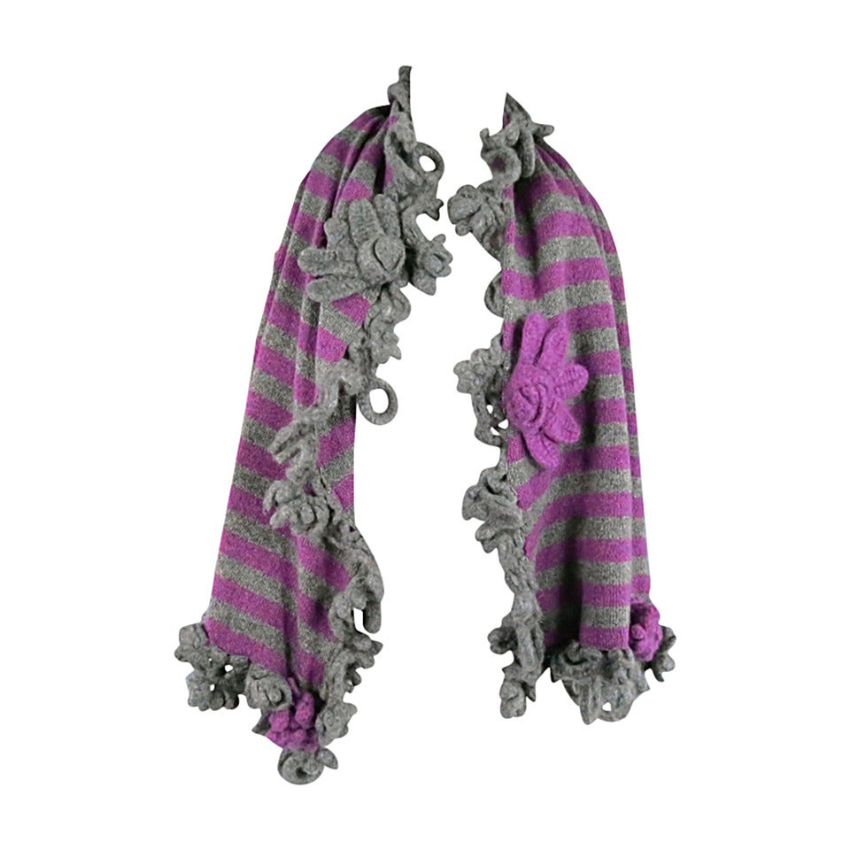 CHANEL Gray/Purple Knit Flower Fringe Cashmere Shawl/Scarf