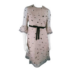 Vintage VALENTINO Size 4 Beige Embroidered Floral Silk Ruffle Dress