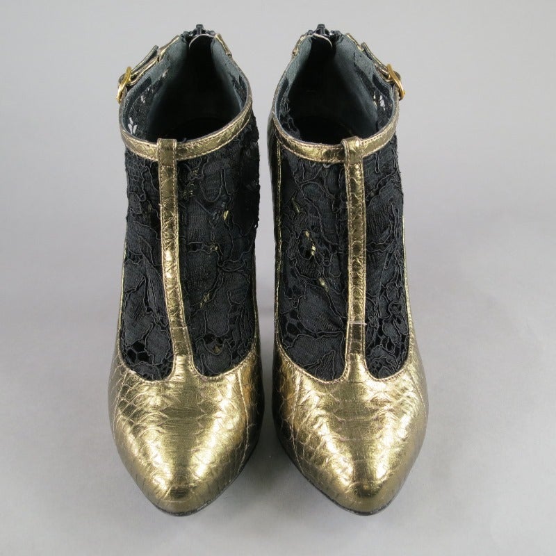 DOLCE & GABBANA Size 8 Black/Gold T-strap Python Skin Lace Boots In Excellent Condition In San Francisco, CA