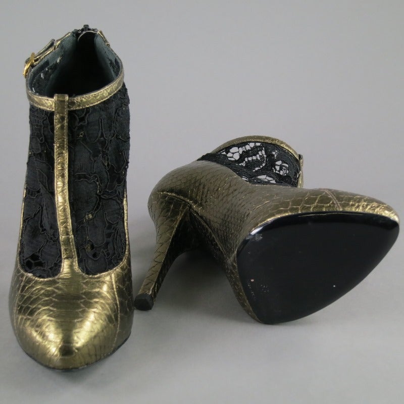 Women's DOLCE & GABBANA Size 8 Black/Gold T-strap Python Skin Lace Boots