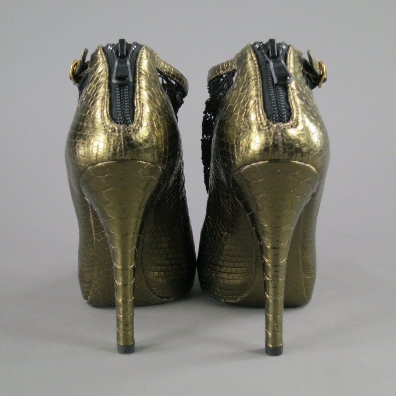 DOLCE & GABBANA Size 8 Black/Gold T-strap Python Skin Lace Boots 1