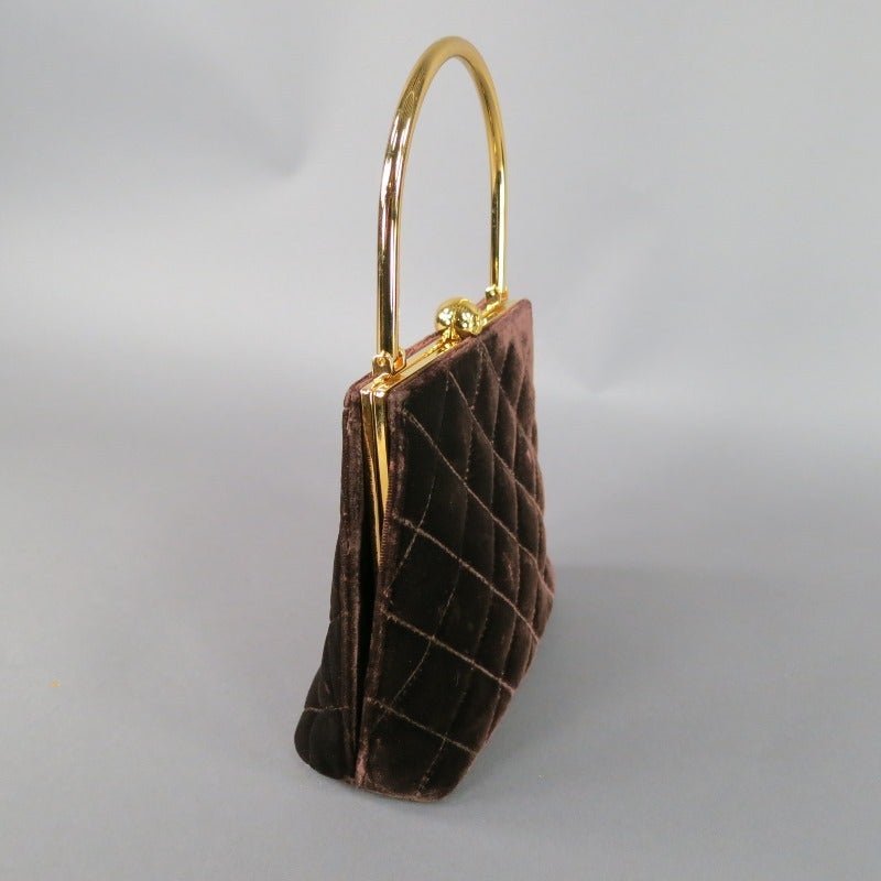 Black Vintage CHANEL Brown Quilted Velvet Gold Handle Evening Handbag