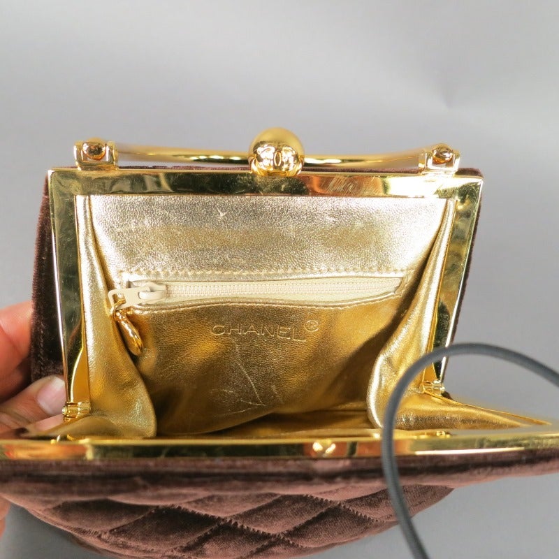 Women's Vintage CHANEL Brown Quilted Velvet Gold Handle Evening Handbag