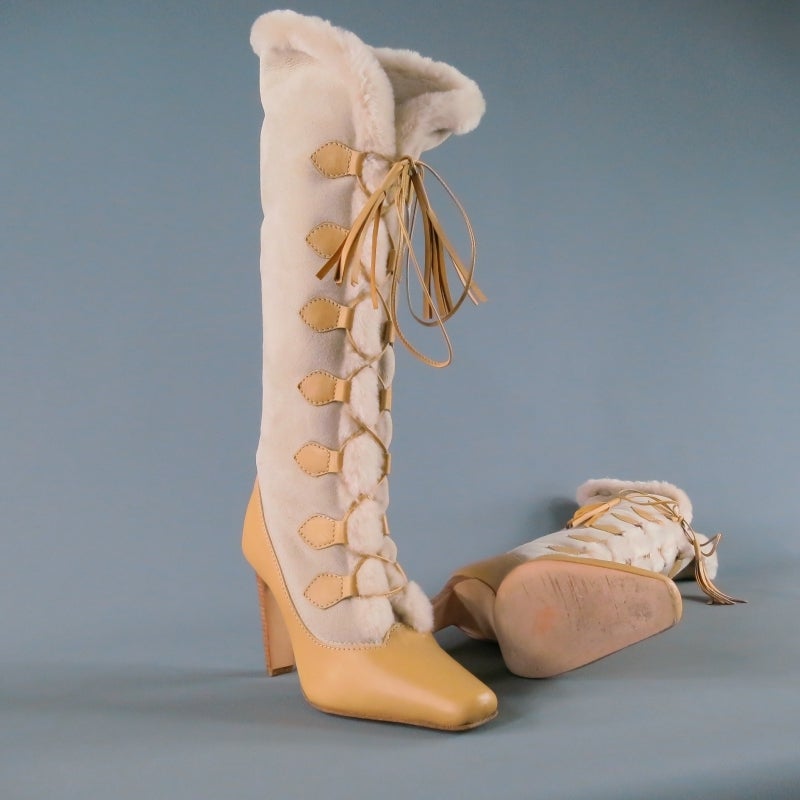 MANOLO BLAHNIK Size 9 Beige Leather Shearling Knee High Stack Heel Boots In Excellent Condition In San Francisco, CA