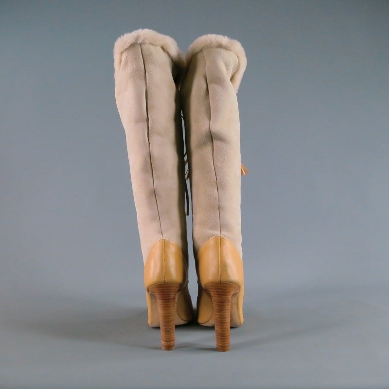 Women's MANOLO BLAHNIK Size 9 Beige Leather Shearling Knee High Stack Heel Boots