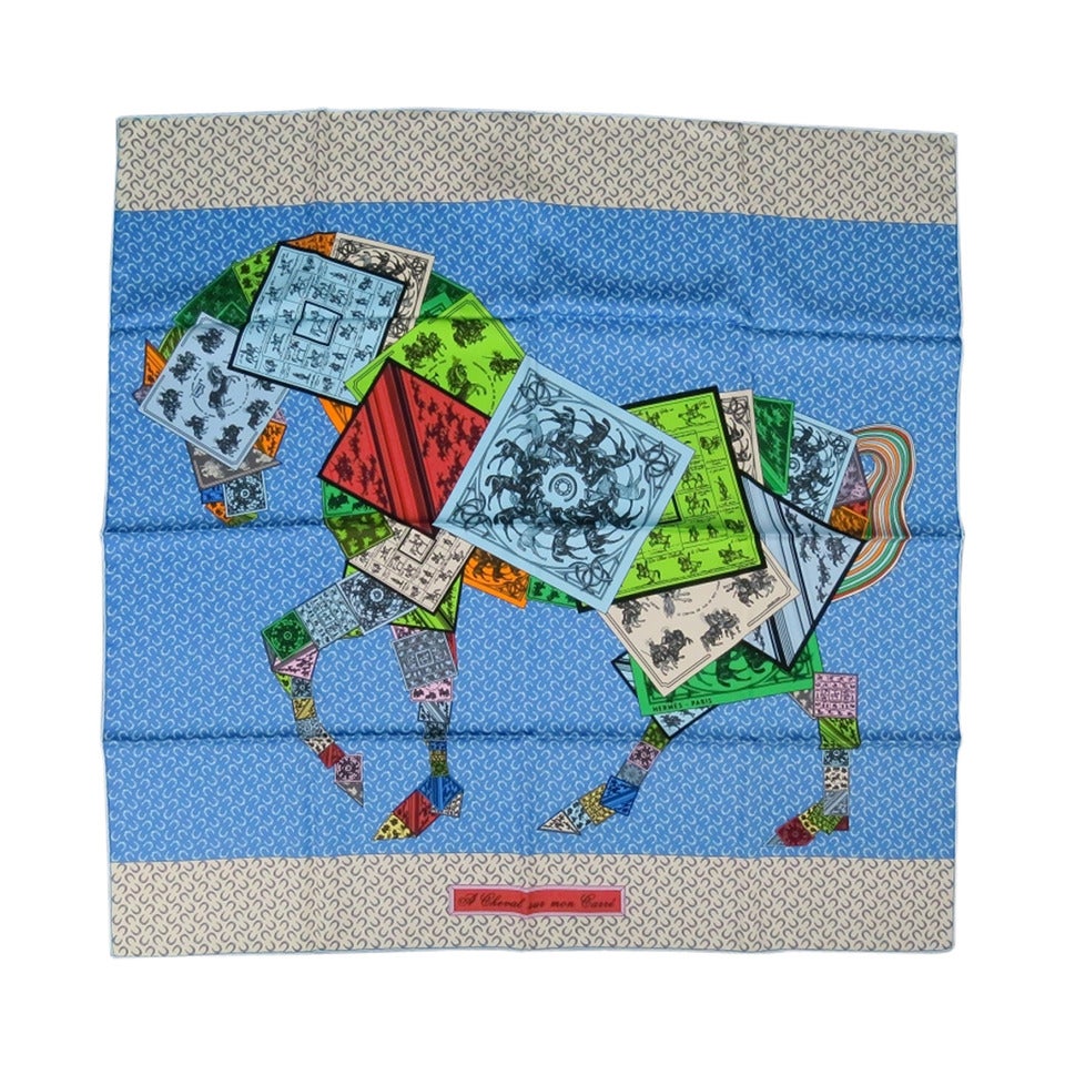 HERMES -A Cheval Sur Mon Carre- Horse Print Blue Silk Scarf at 1stDibs ...