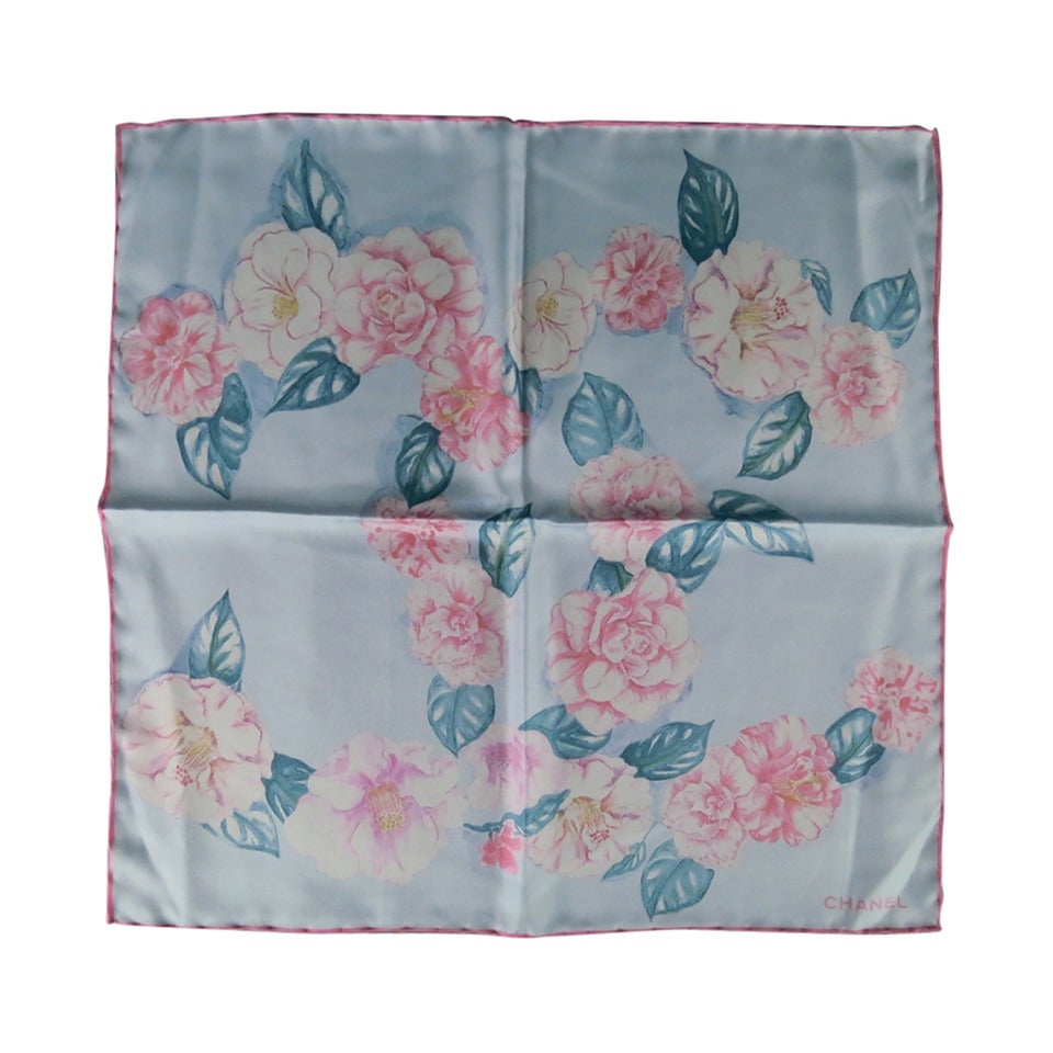 CHANEL Blue & Pink Floral -CC- Logo Silk Pocket Square