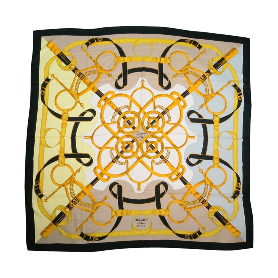 HERMES -Eperon d'Or- Black and Gold Cashmere / Silk Shawl/scarf at ...